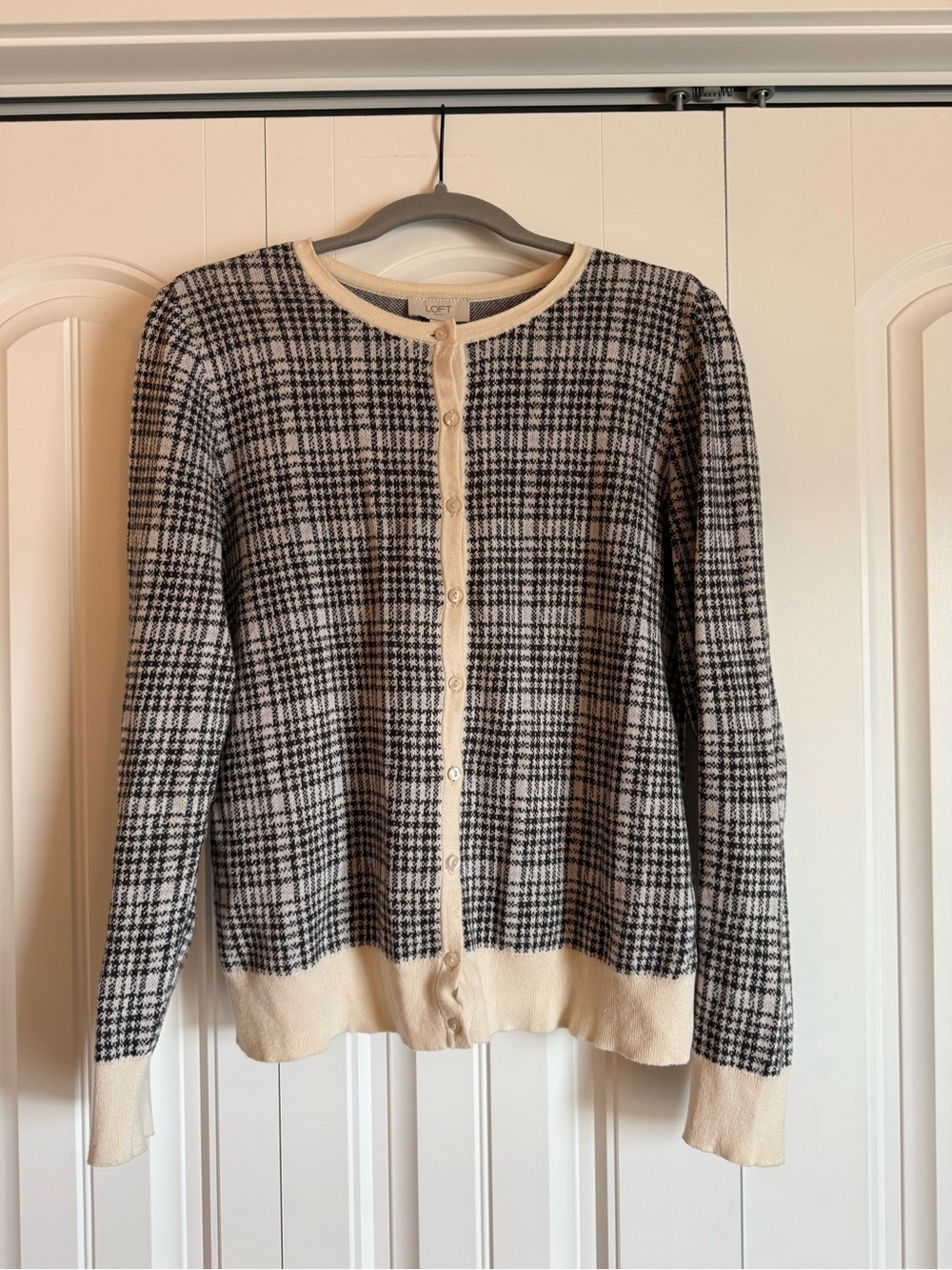 LOFT Black & Cream Houndstooth Button-Up Crewneck Cardigan